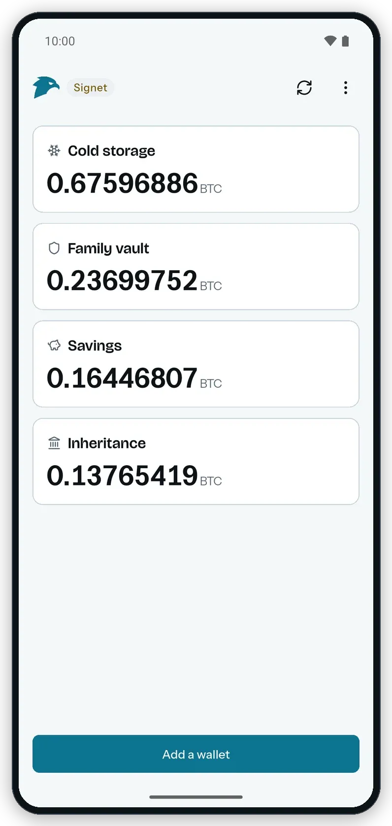 The Android home screen of Gerfaut in the light theme: four wallets, each with its icon and balance, from cold storage to a family vault