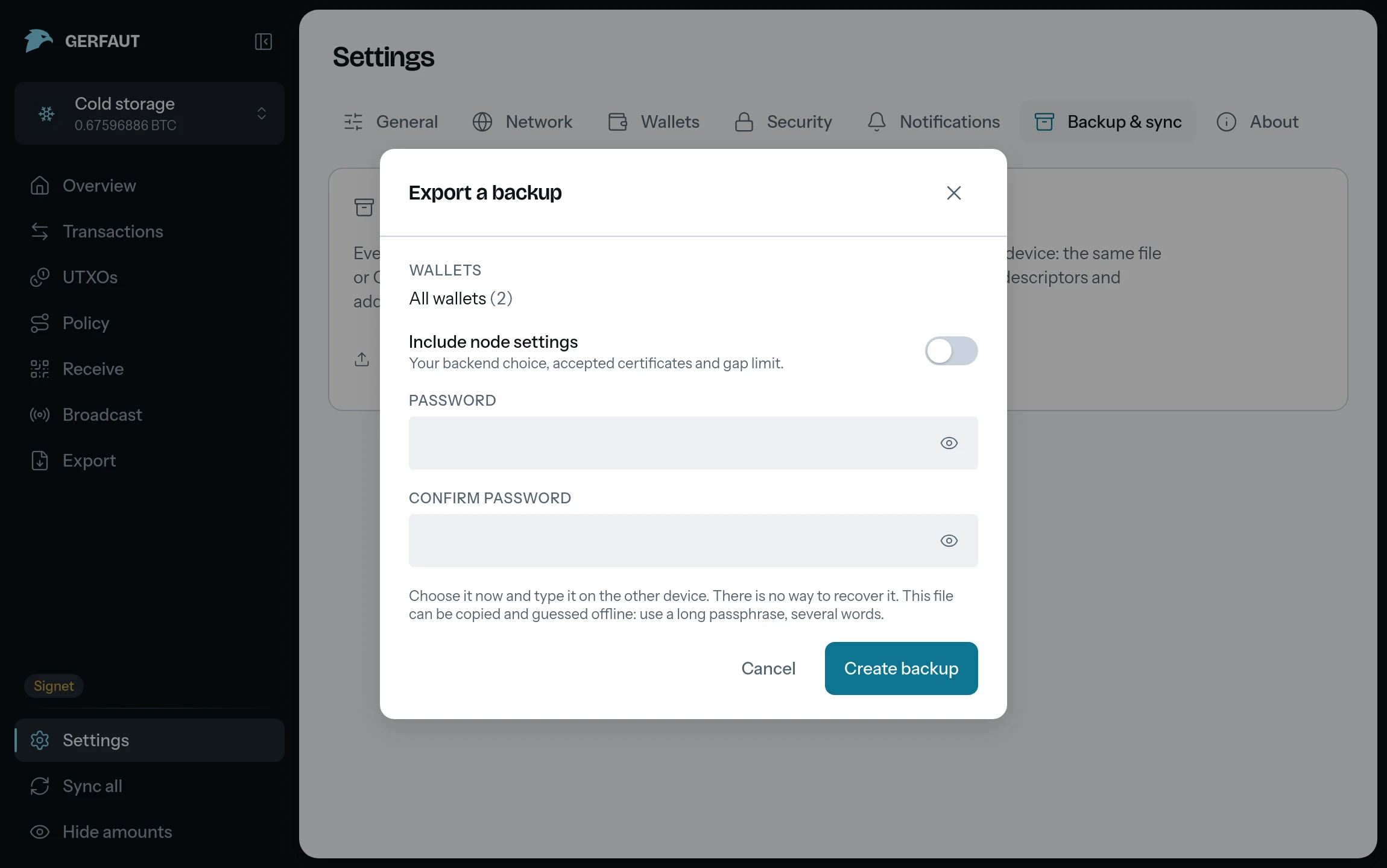 The Backup and sync settings of the desktop app with the Export a backup dialog open: the wallets to include, a switch for the node settings, and the password typed twice