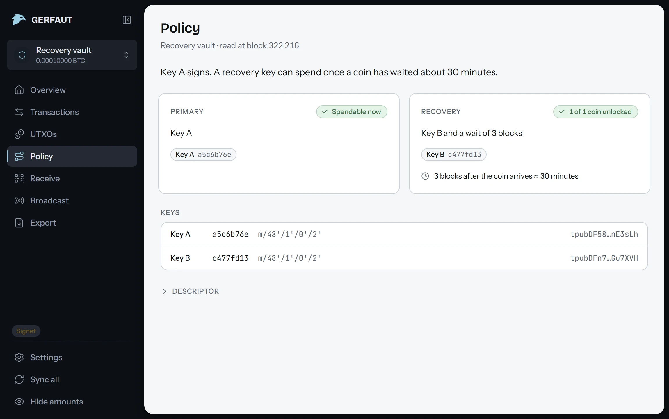The Policy page of the desktop app: the primary key can spend now, a recovery key can spend after a wait of three blocks, about 30 minutes
