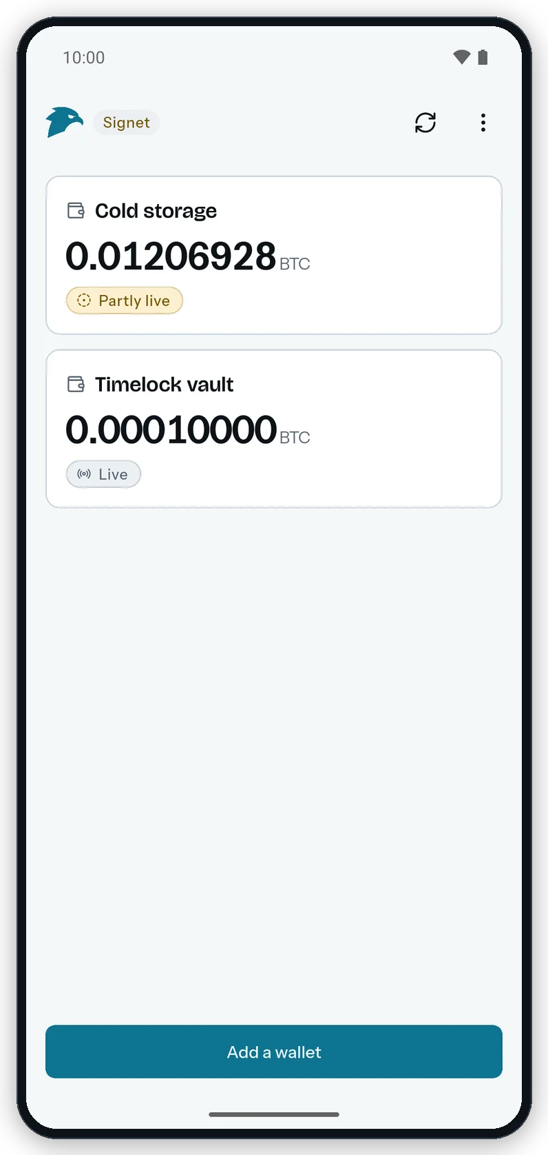 The Android home screen with two wallet cards: Cold storage with a Partly live badge and Timelock vault with a Live badge.