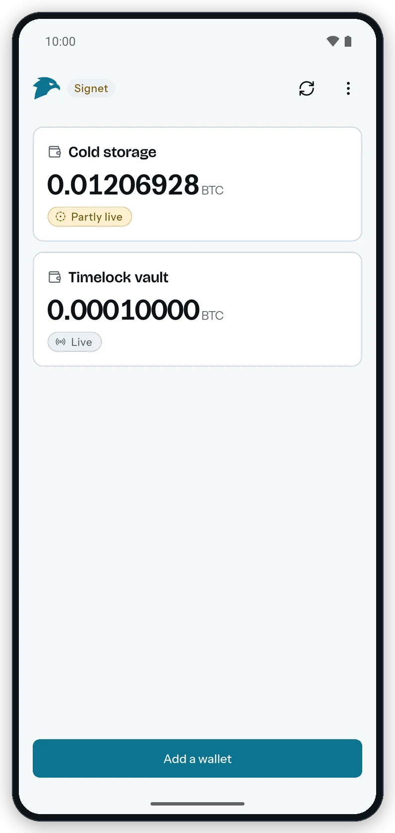 The Android home screen with two wallet cards: Cold storage with a Partly live badge and Timelock vault with a Live badge.