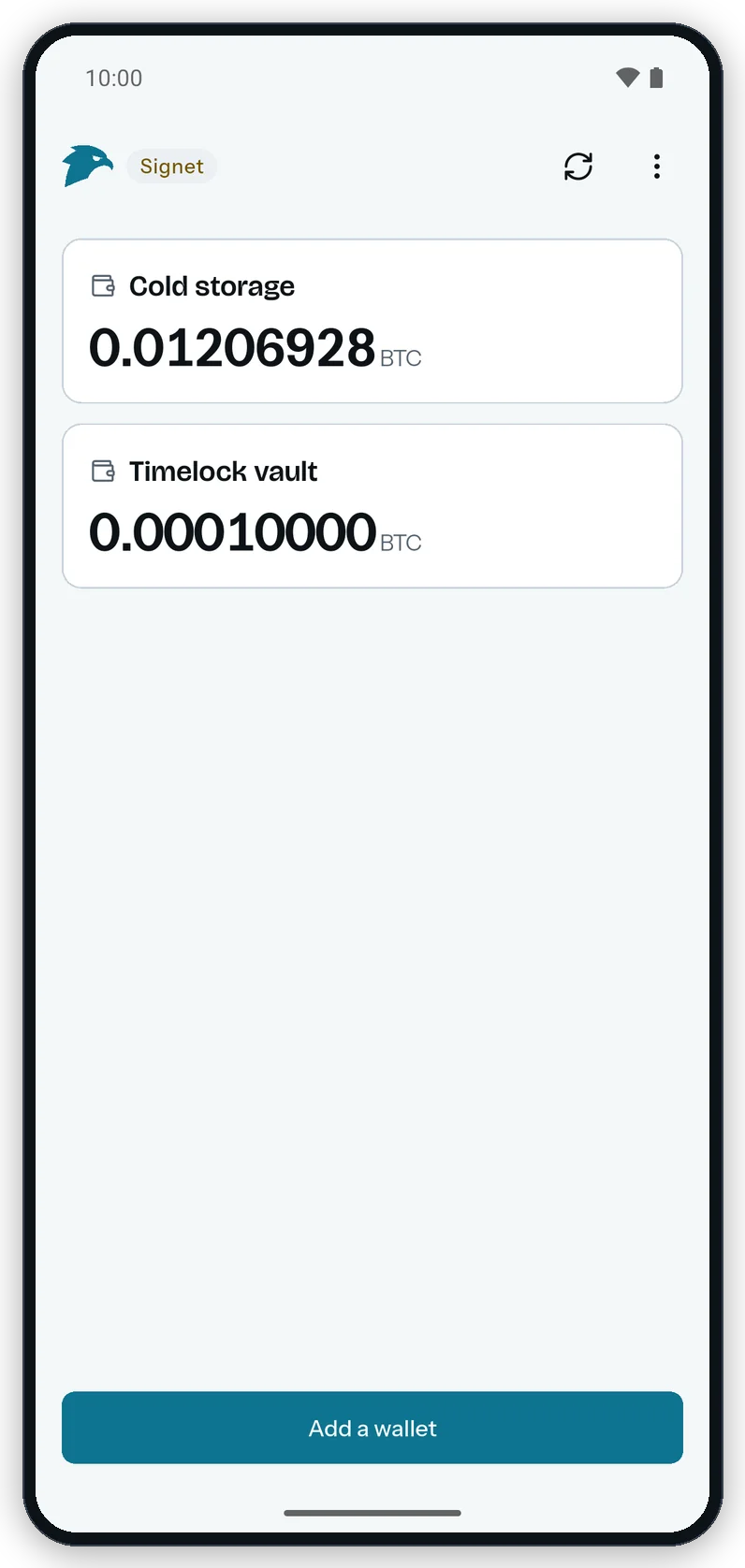 The Gerfaut Android home screen with a Signet chip, two wallet cards named Cold storage and Timelock vault with their balances, and an Add a wallet button.