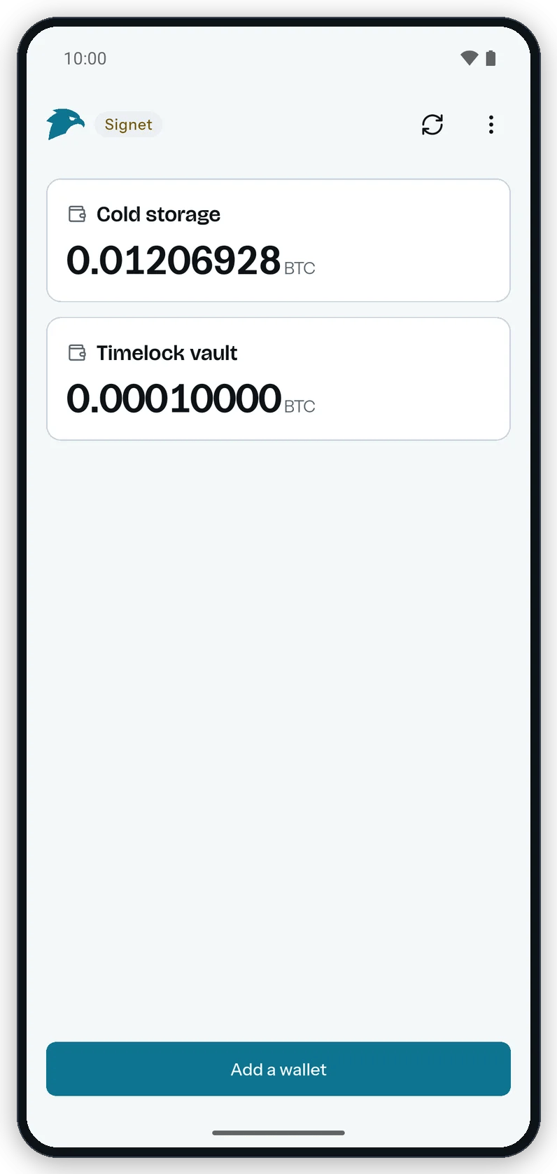 The Gerfaut Android home screen with a Signet chip, two wallet cards named Cold storage and Timelock vault with their balances, and an Add a wallet button.