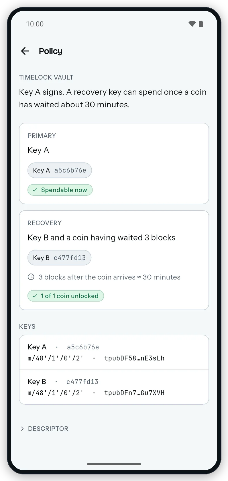 The Policy page on Android: the summary sentence, the Primary and Recovery cards with their signing keys and timelock, the Keys list and the Descriptor disclosure.