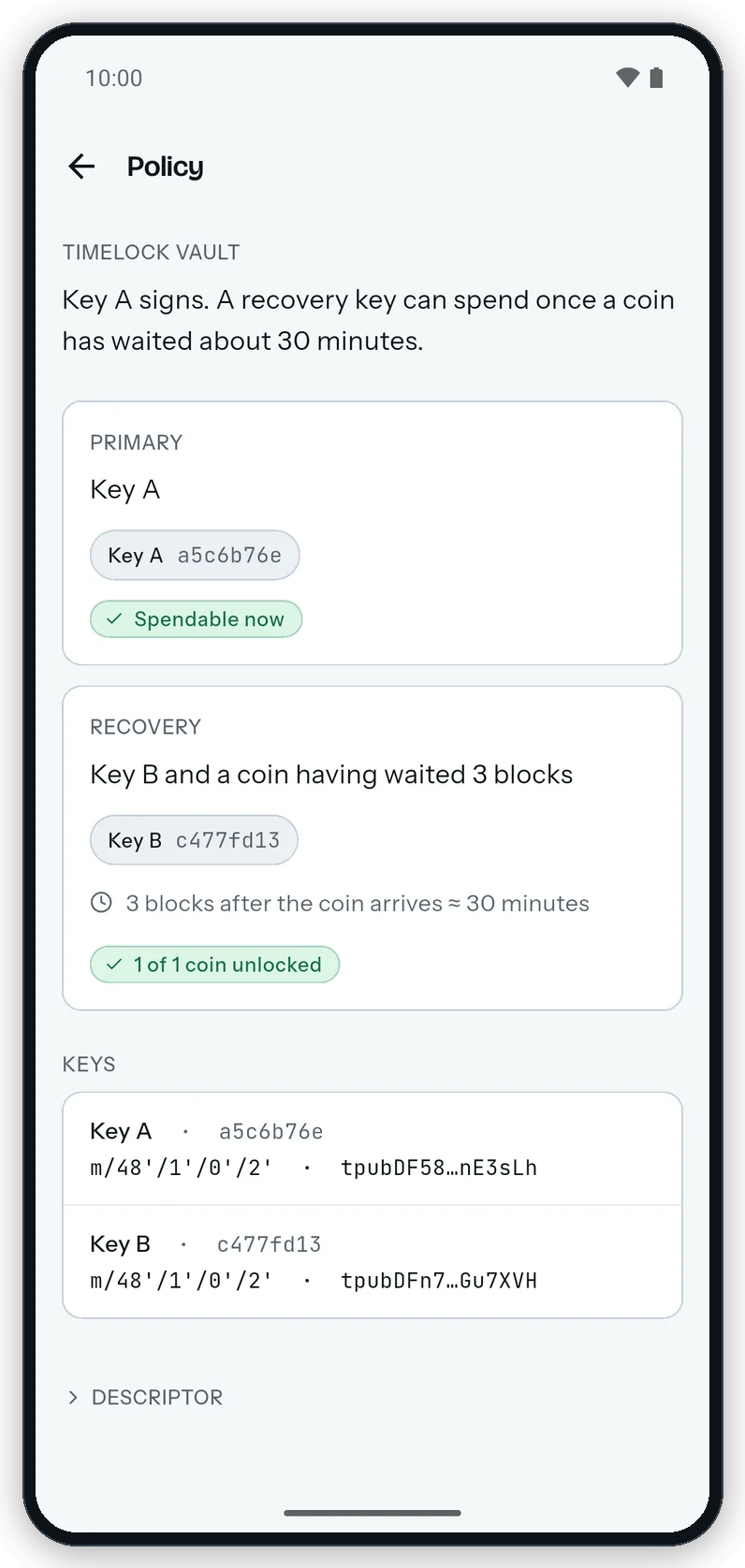 The Policy page on Android: the summary sentence, the Primary and Recovery cards with their signing keys and timelock, the Keys list and the Descriptor disclosure.