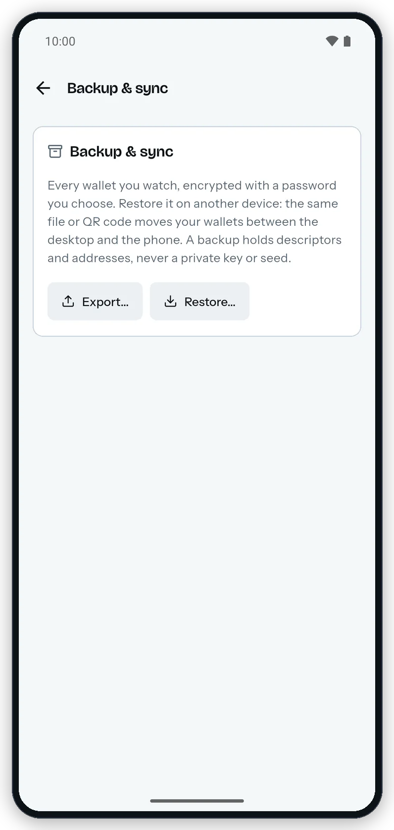 The Backup & sync section on Android with the explanation and the Export and Restore buttons.