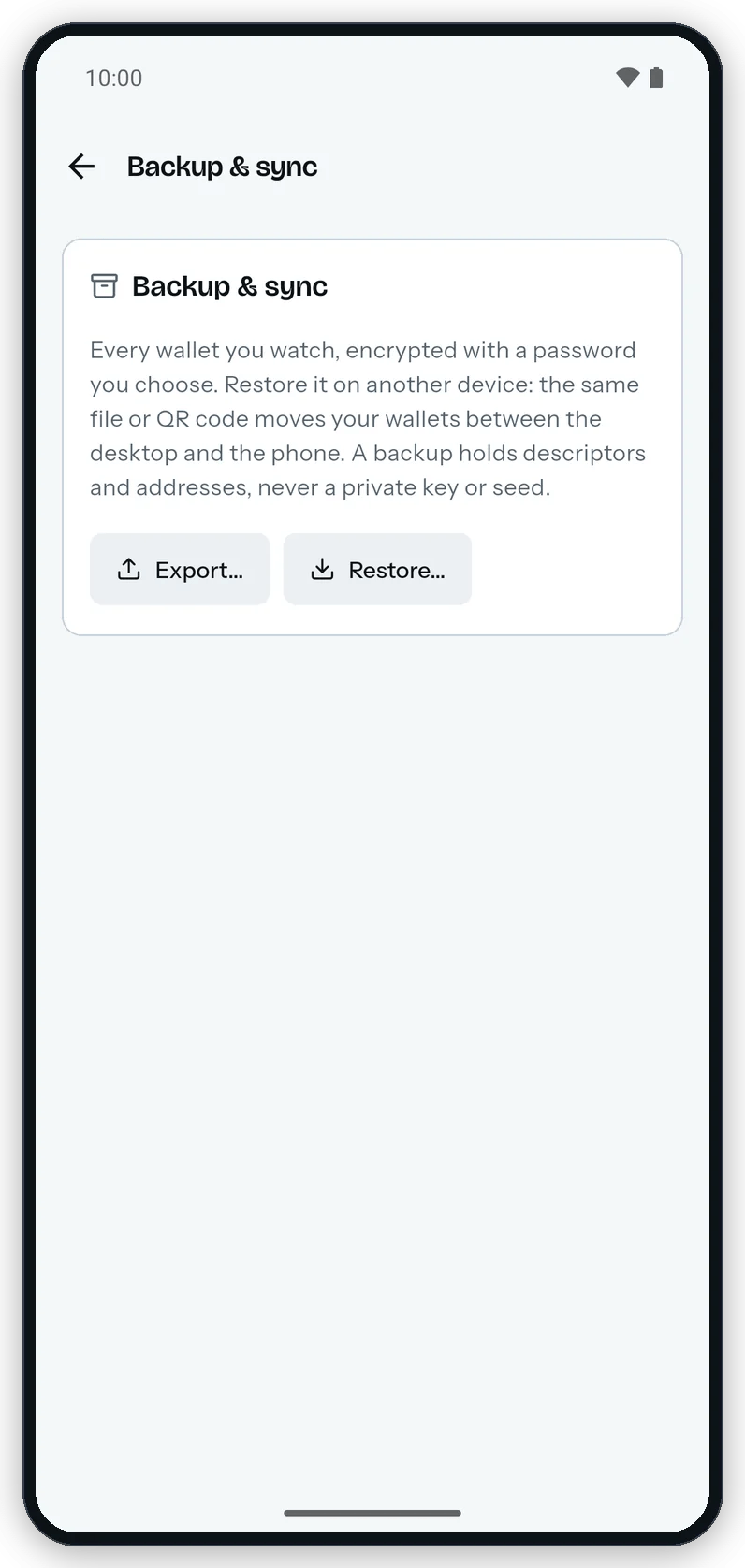 The Backup & sync section on Android with the explanation and the Export and Restore buttons.