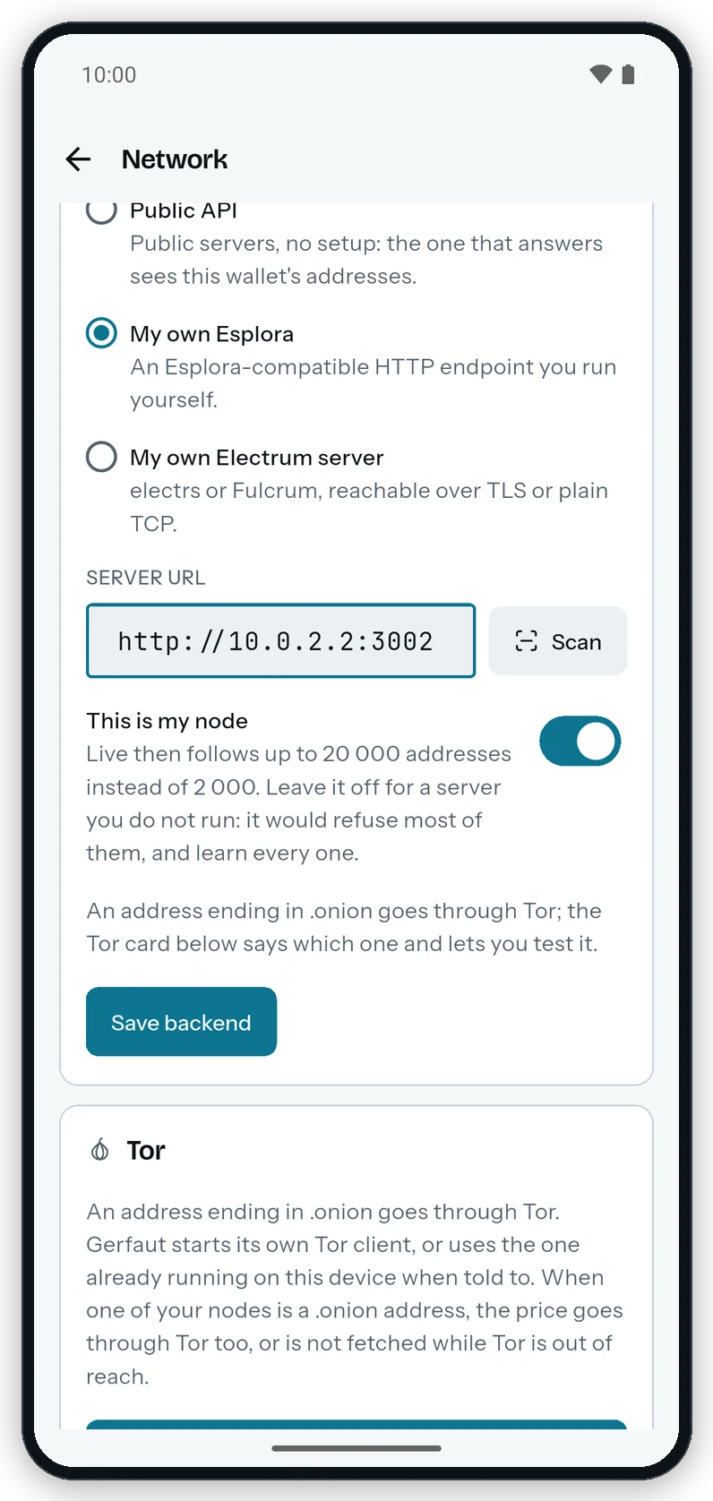 The Network screen on Android with My own Esplora selected, its server URL, and the This is my node switch turned on above Save backend.