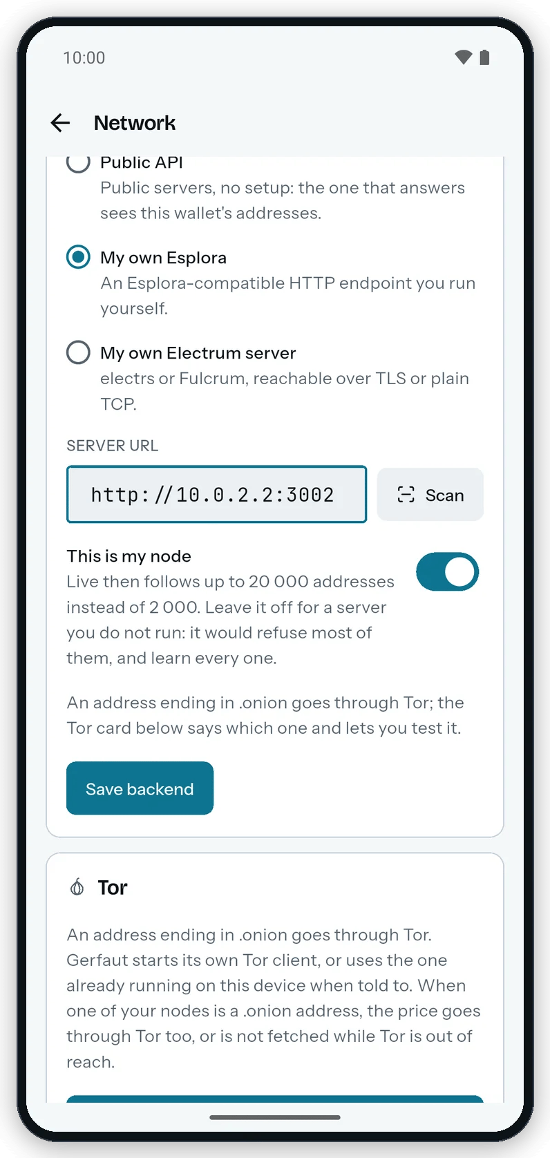 The Network screen on Android with My own Esplora selected, its server URL, and the This is my node switch turned on above Save backend.