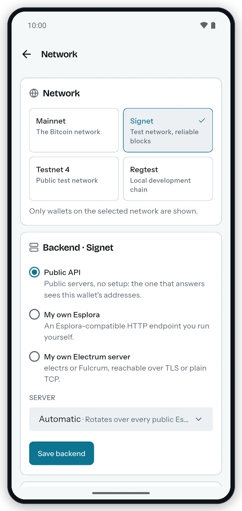 The Network section on Android: the network picker with Signet selected and the Backend card with Public API, My own Esplora, My own Electrum server, the Server list on Automatic and Save backend.