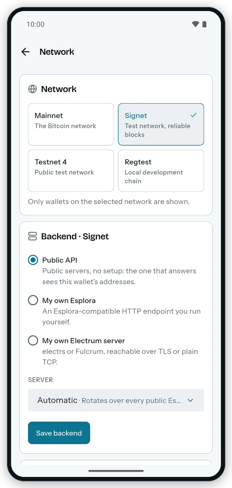 The Network section on Android: the network picker with Signet selected and the Backend card with Public API, My own Esplora, My own Electrum server, the Server list on Automatic and Save backend.