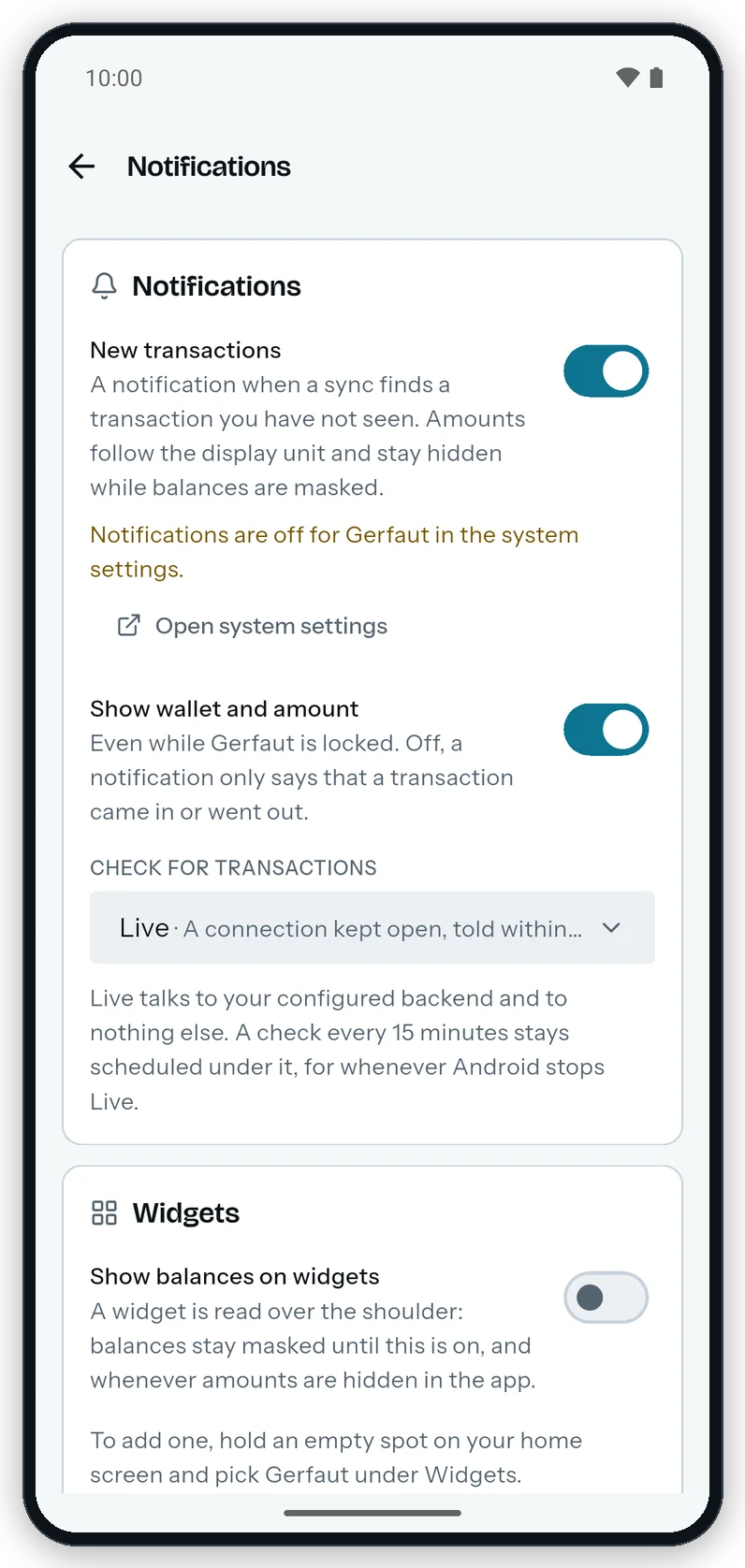 The Notifications screen on Android with New transactions on, the amber line Notifications are off for Gerfaut in the system settings, and the Open system settings button above Show wallet and amount.
