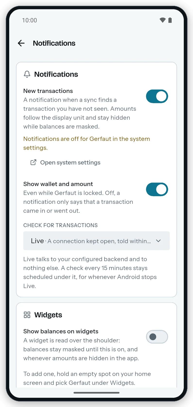 The Notifications screen on Android with New transactions on, the amber line Notifications are off for Gerfaut in the system settings, and the Open system settings button above Show wallet and amount.