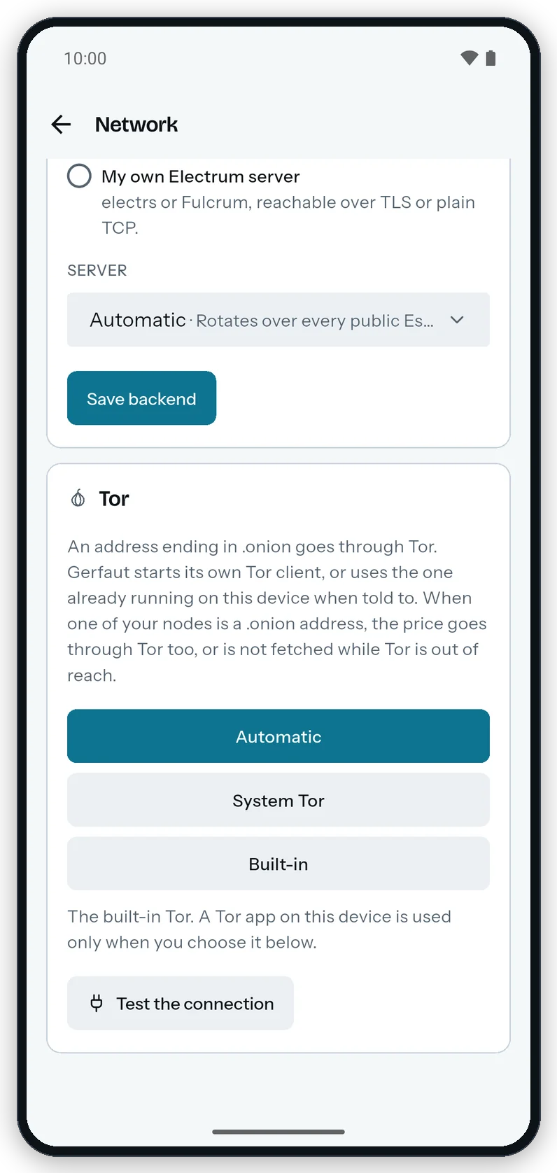 The Tor card on Android: the Automatic, System Tor and Built-in buttons and the Test the connection button.