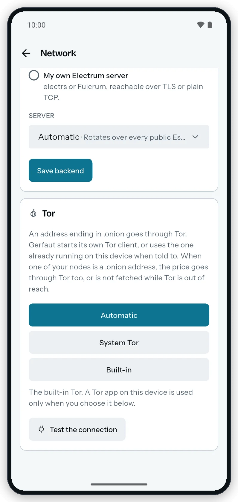 The Tor card on Android: the Automatic, System Tor and Built-in buttons and the Test the connection button.