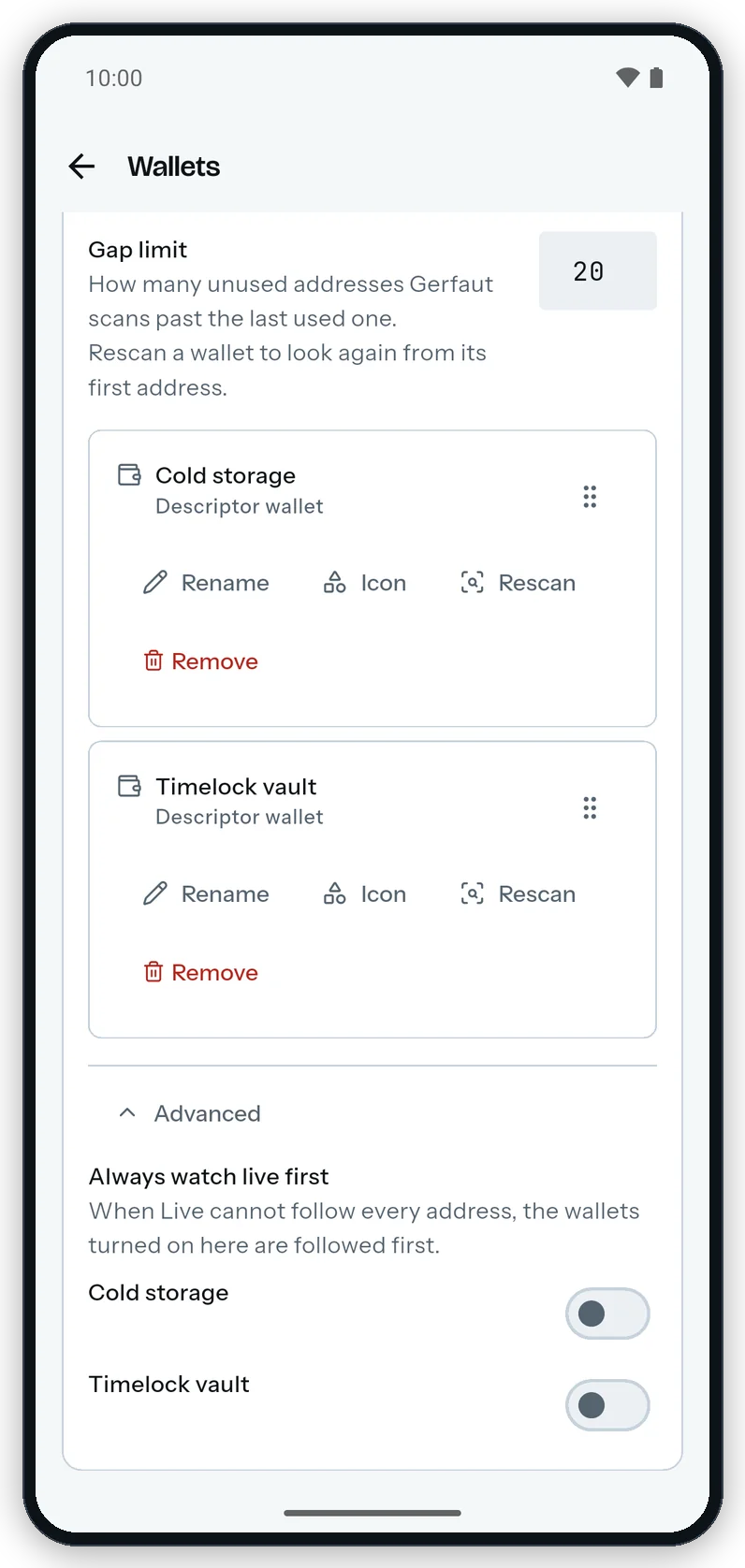 The Wallets screen on Android with Advanced unfolded under the wallet rows: Always watch live first and a switch for each of the two wallets, both off.