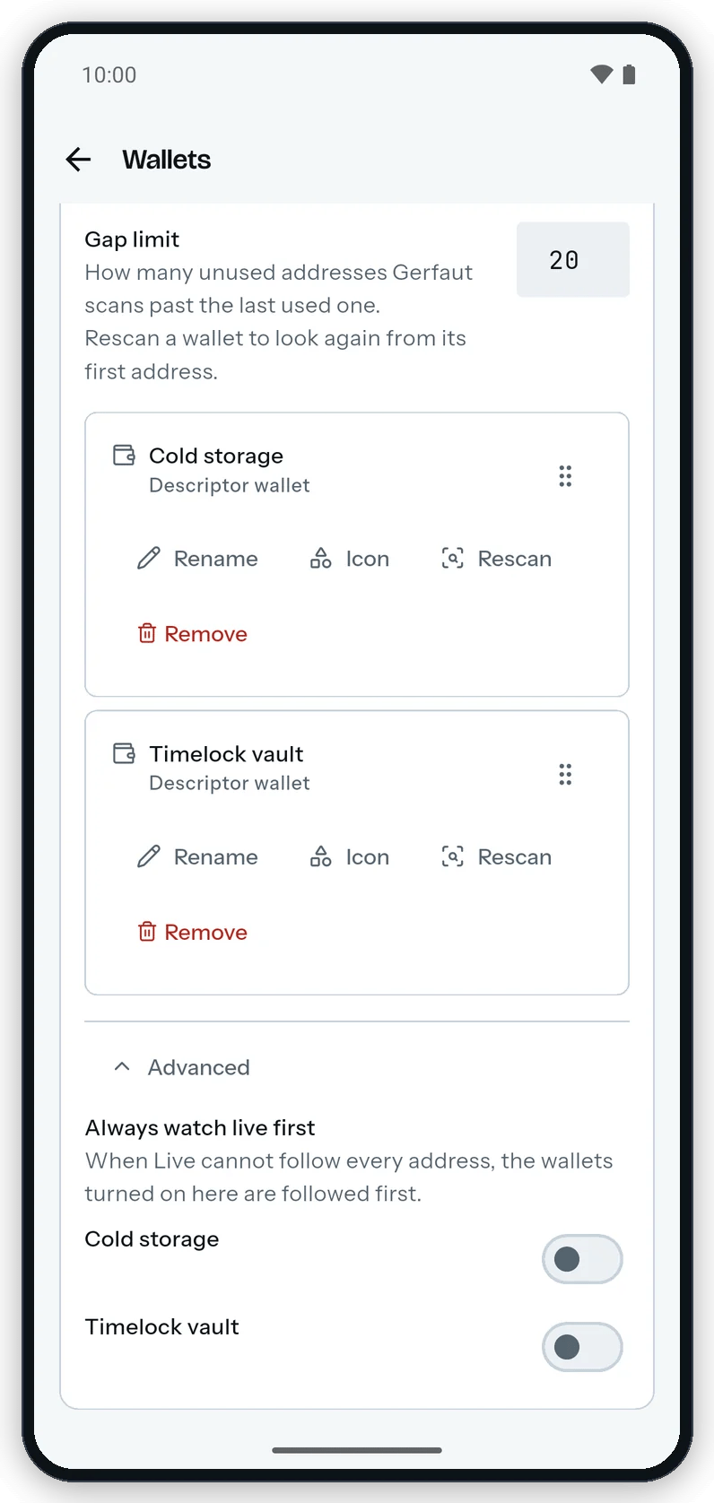 The Wallets screen on Android with Advanced unfolded under the wallet rows: Always watch live first and a switch for each of the two wallets, both off.