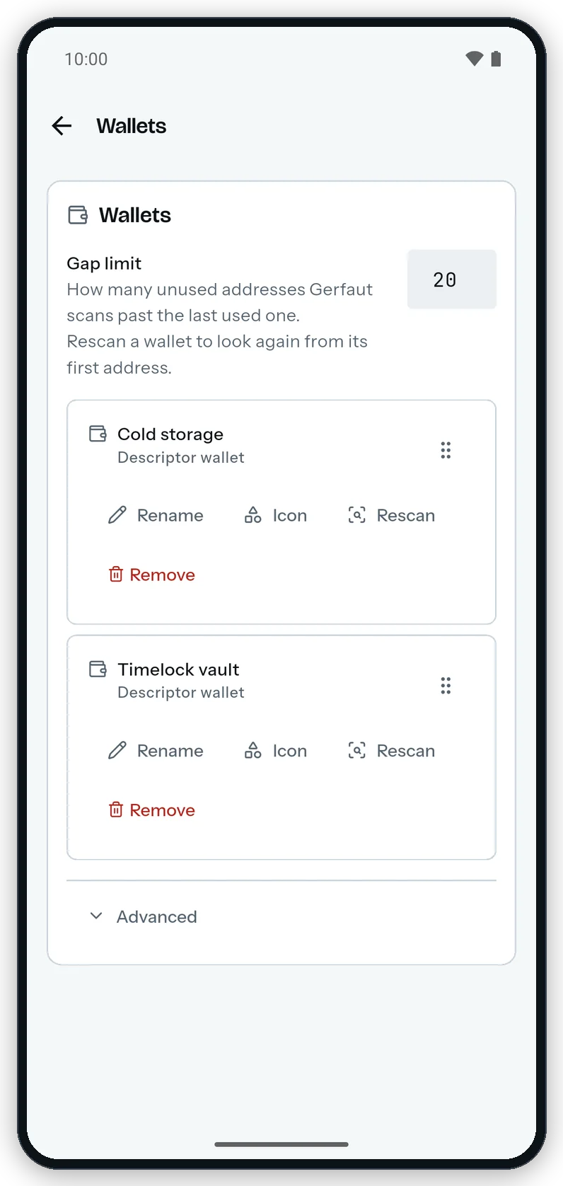 The Wallets screen on Android: the gap limit field and two wallet rows, each with Rename, Icon, Rescan and Remove actions and a drag handle, then Advanced.