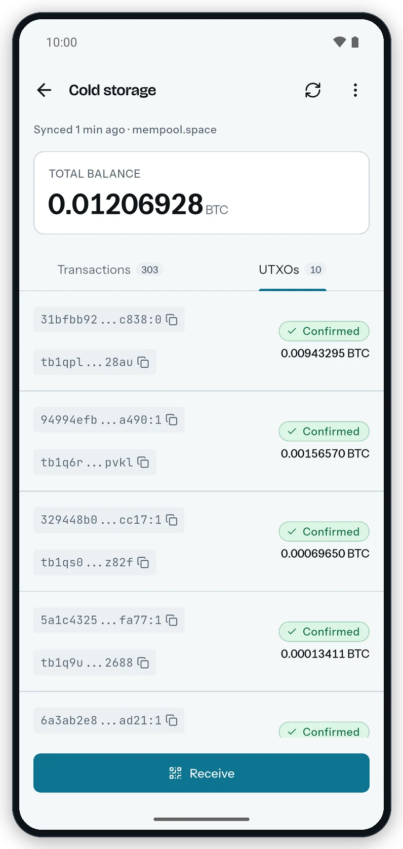 The UTXOs tab on Android, counting 10 coins, each with an outpoint chip, an address chip, a Confirmed pill and an amount.