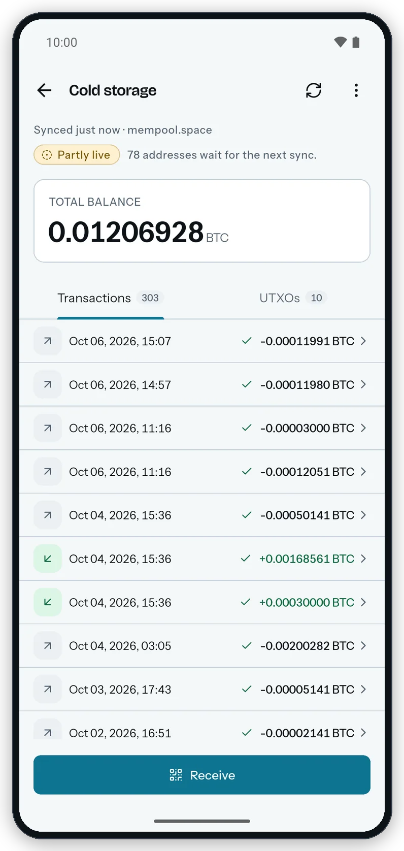 The Cold storage wallet page on Android: the sync line, the Partly live badge next to 78 addresses wait for the next sync, the total balance and the Transactions tab.