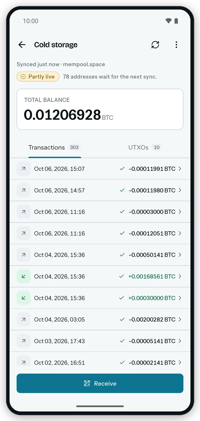 The Cold storage wallet page on Android: the sync line, the Partly live badge next to 78 addresses wait for the next sync, the total balance and the Transactions tab.