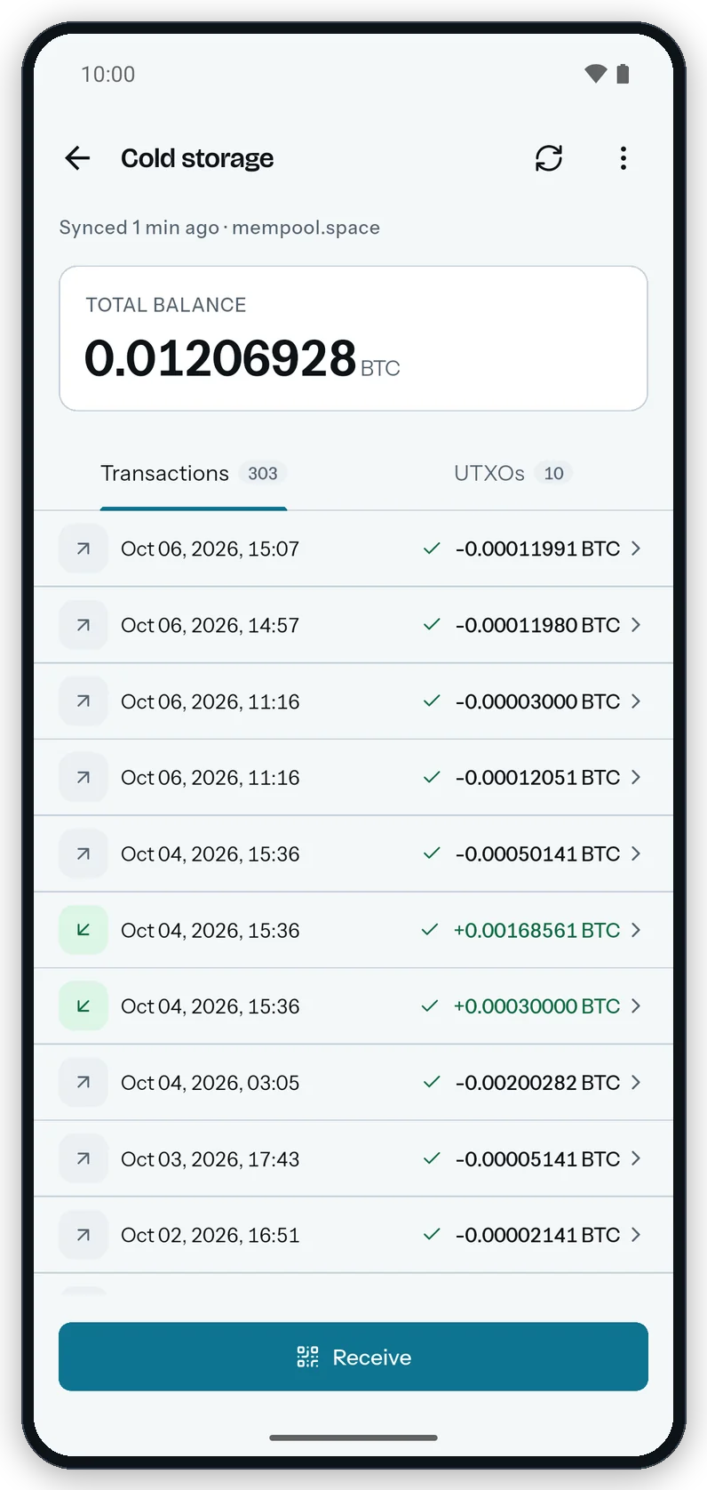 A wallet page on Android with the total balance, the Transactions and UTXOs tabs with their counts, the transaction rows and the Receive button.