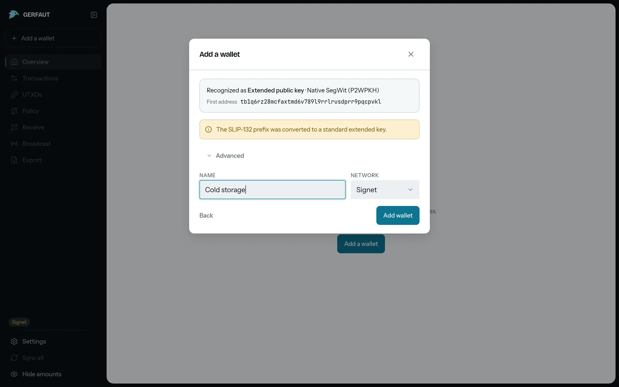 The Add a wallet dialog on desktop after pasting an extended public key: the Recognized as card with the first address, the SLIP-132 notice, the Advanced button, the Name and Network fields and the Add wallet button.