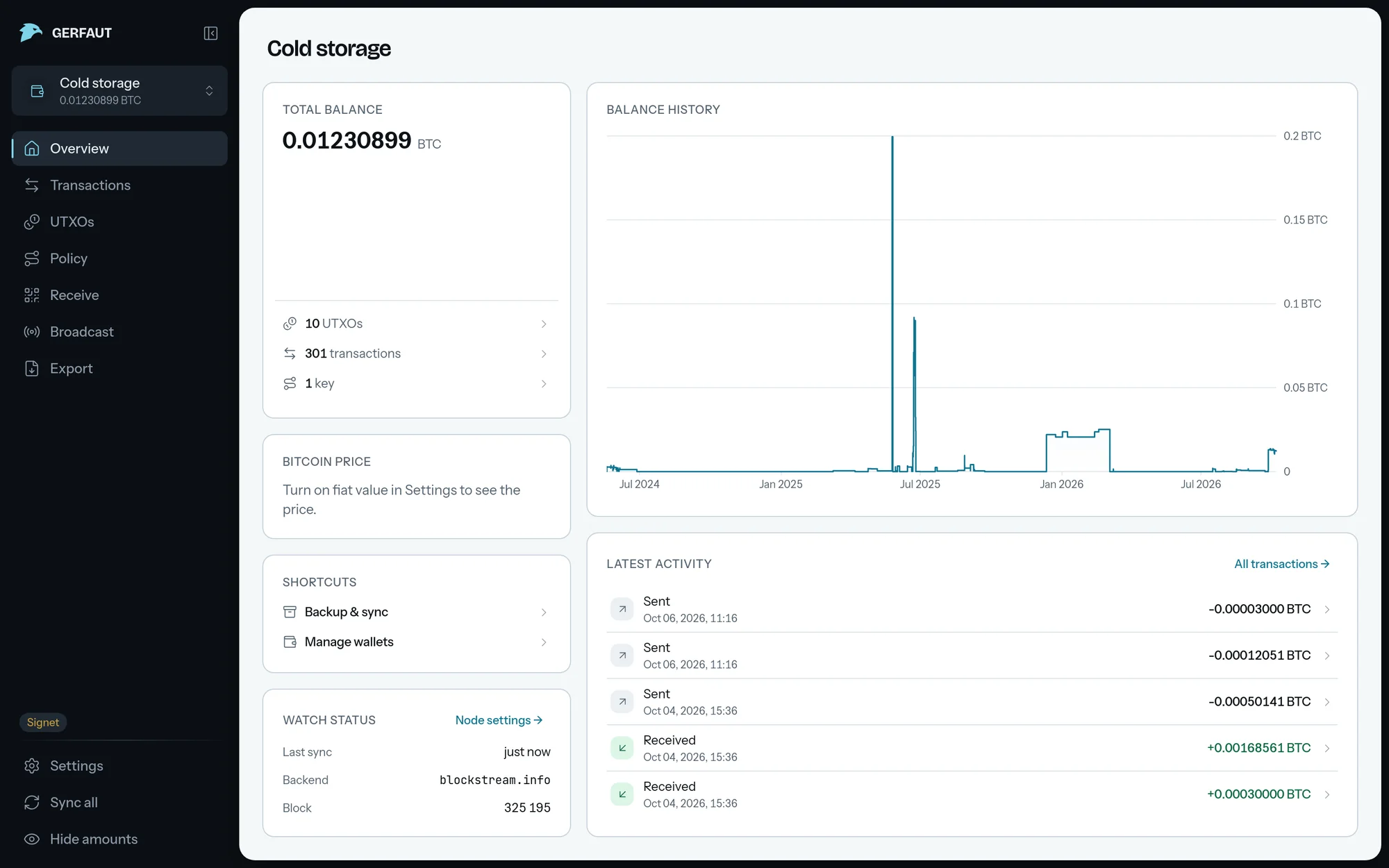 The Gerfaut desktop overview of a wallet named Cold storage, with its balance in BTC, a balance history chart, the watch status and the latest activity.