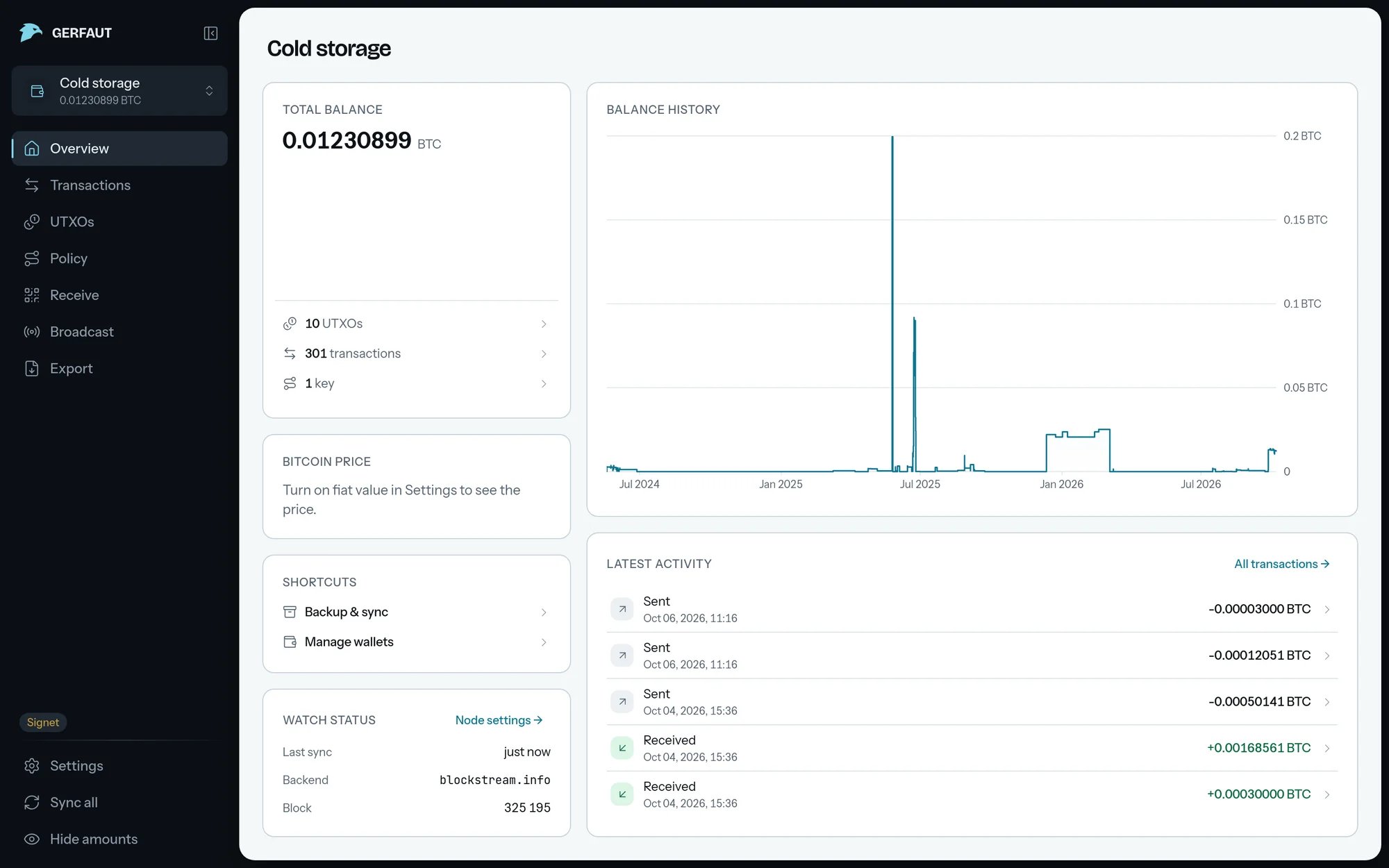 The Gerfaut desktop overview of a wallet named Cold storage, with its balance in BTC, a balance history chart, the watch status and the latest activity.