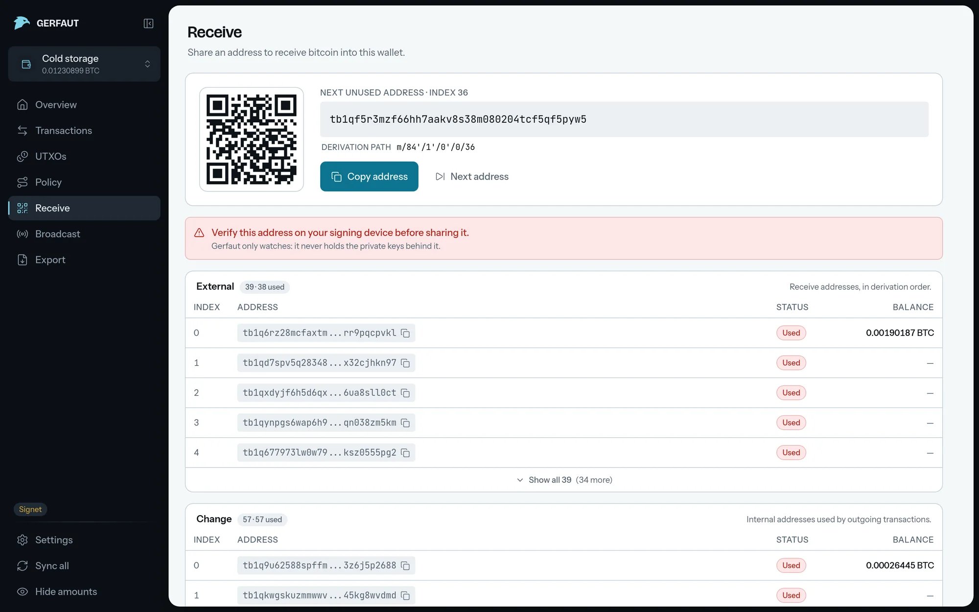 The Receive page on desktop: the QR code, the next unused address at index 36 with its derivation path, the Copy address and Next address buttons, the warning to verify on a signing device, and the External and Change address tables.