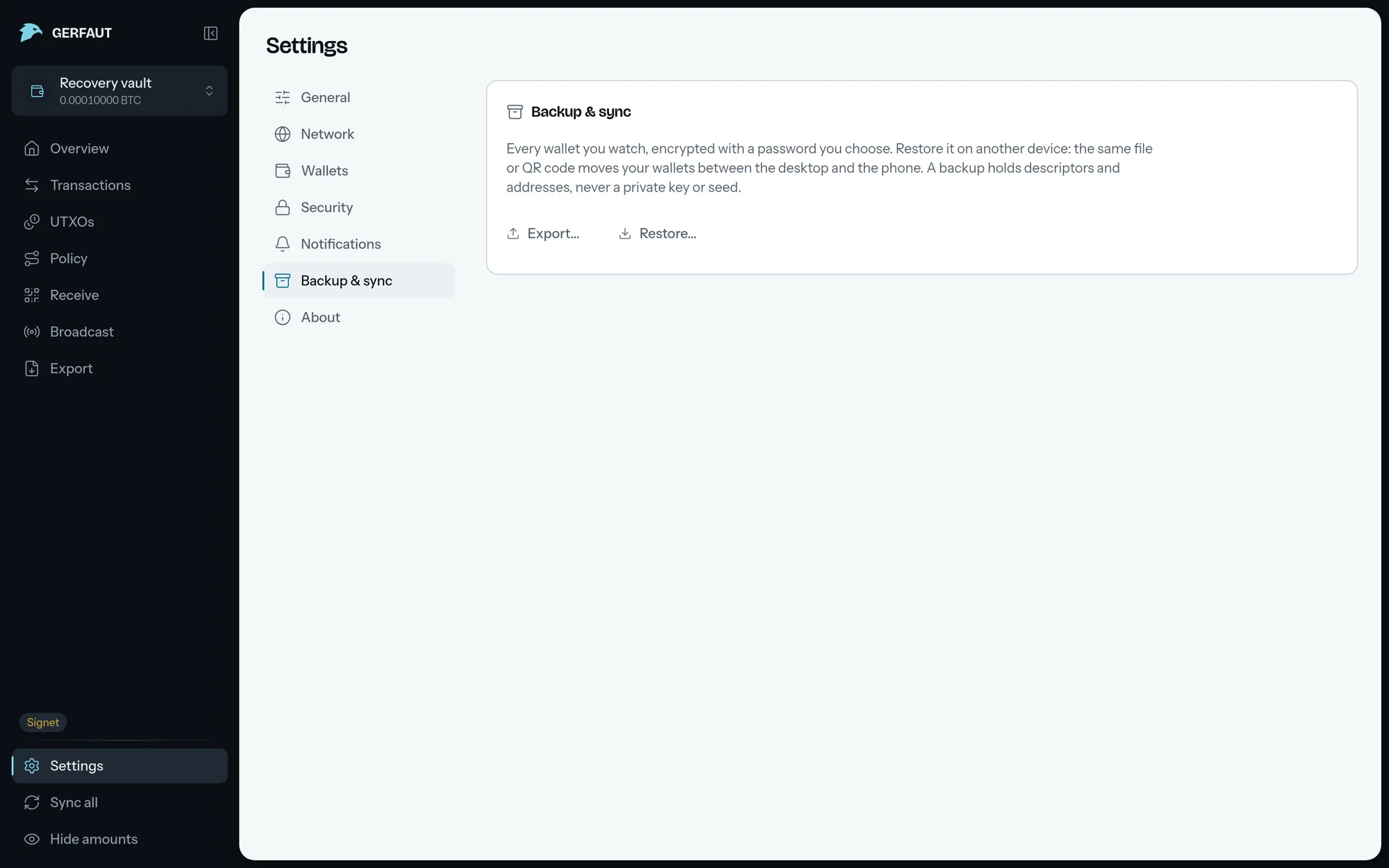 The Backup & sync section of the desktop settings: the explanation and the Export and Restore buttons.