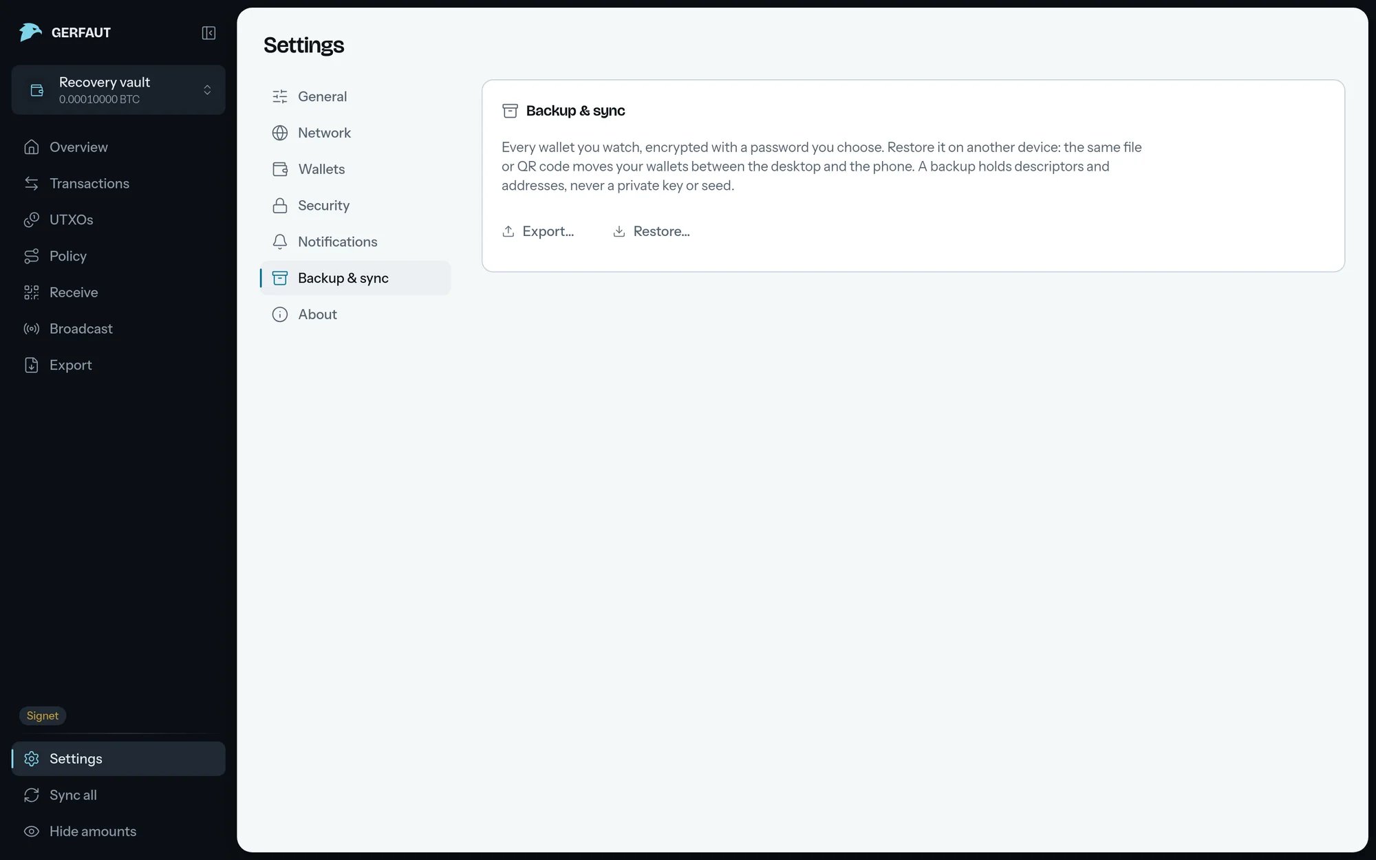 The Backup & sync section of the desktop settings: the explanation and the Export and Restore buttons.