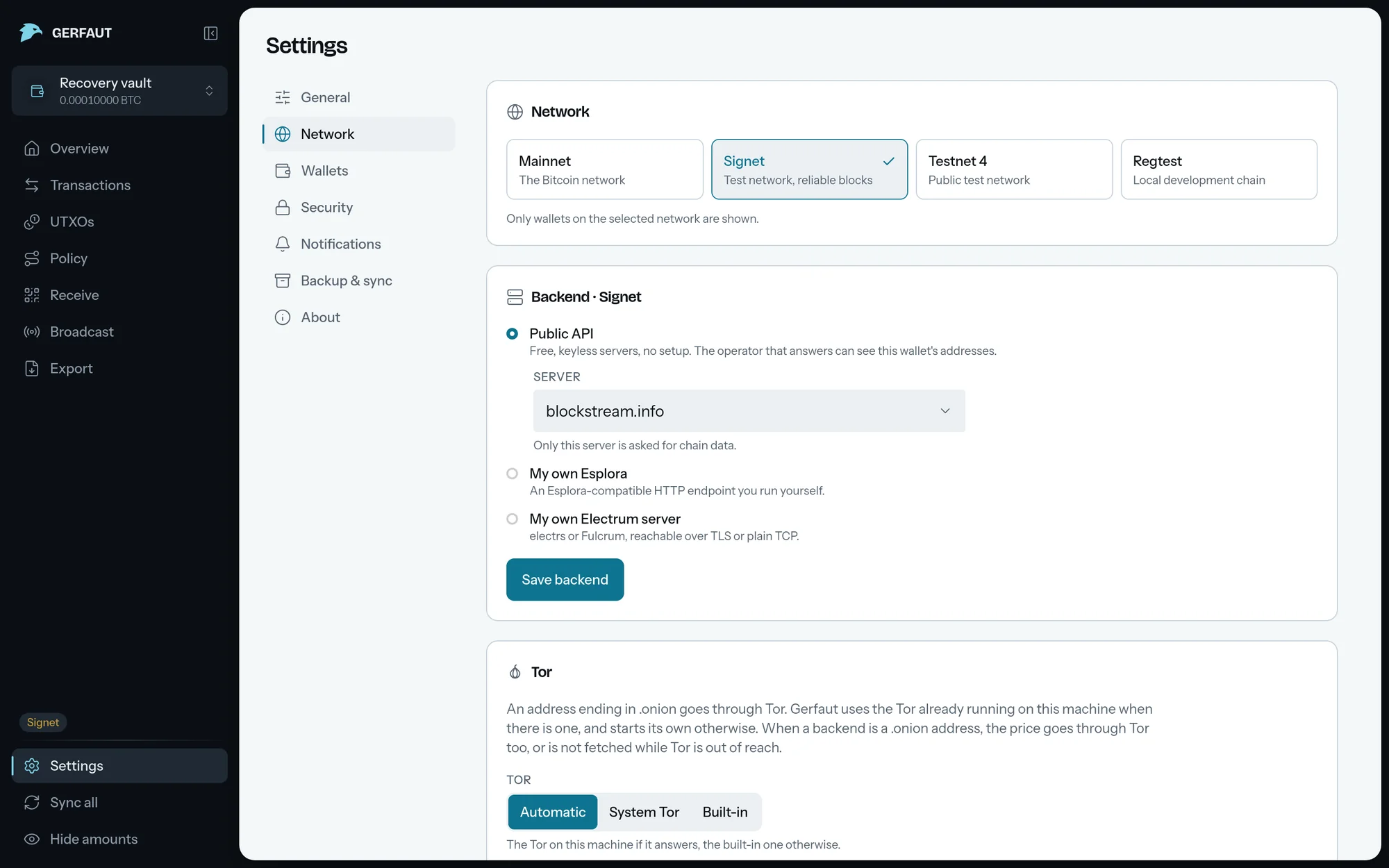 The Network section of the desktop settings: the network picker with Signet selected, the Backend card with Public API and blockstream.info as the server, My own Esplora, My own Electrum server and Save backend.