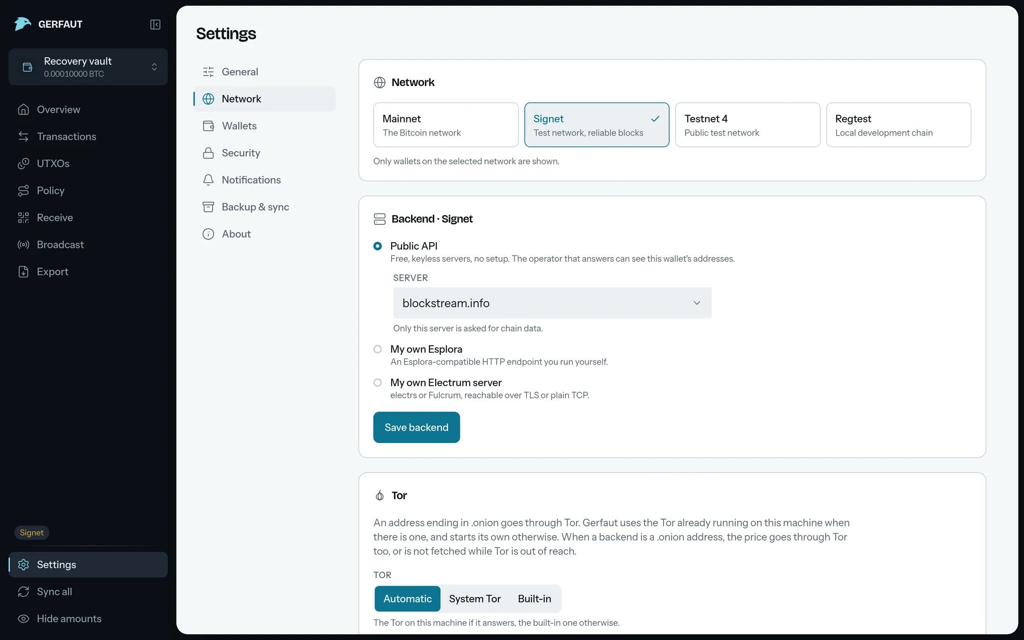 The Network section of the desktop settings: the network picker with Signet selected, the Backend card with Public API and blockstream.info as the server, My own Esplora, My own Electrum server and Save backend.