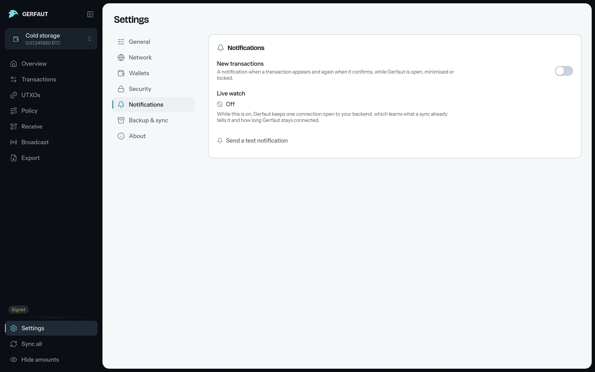 The Notifications section of the desktop settings: the New transactions switch, off, the Live watch line on Off, and the Send a test notification button.