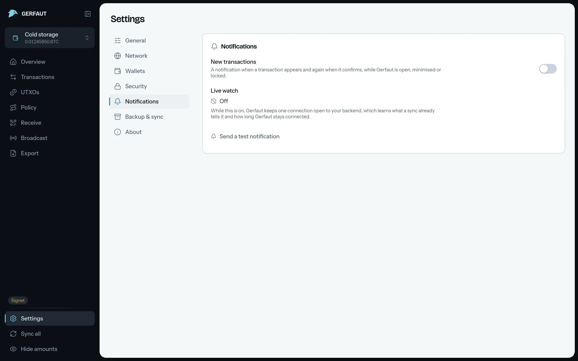 The Notifications section of the desktop settings: the New transactions switch, off, the Live watch line on Off, and the Send a test notification button.