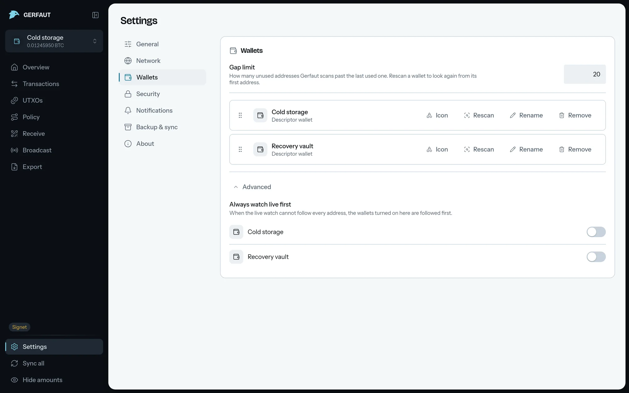 The Wallets section of the desktop settings with Advanced unfolded: Always watch live first and a switch for each of the two wallets, both off.