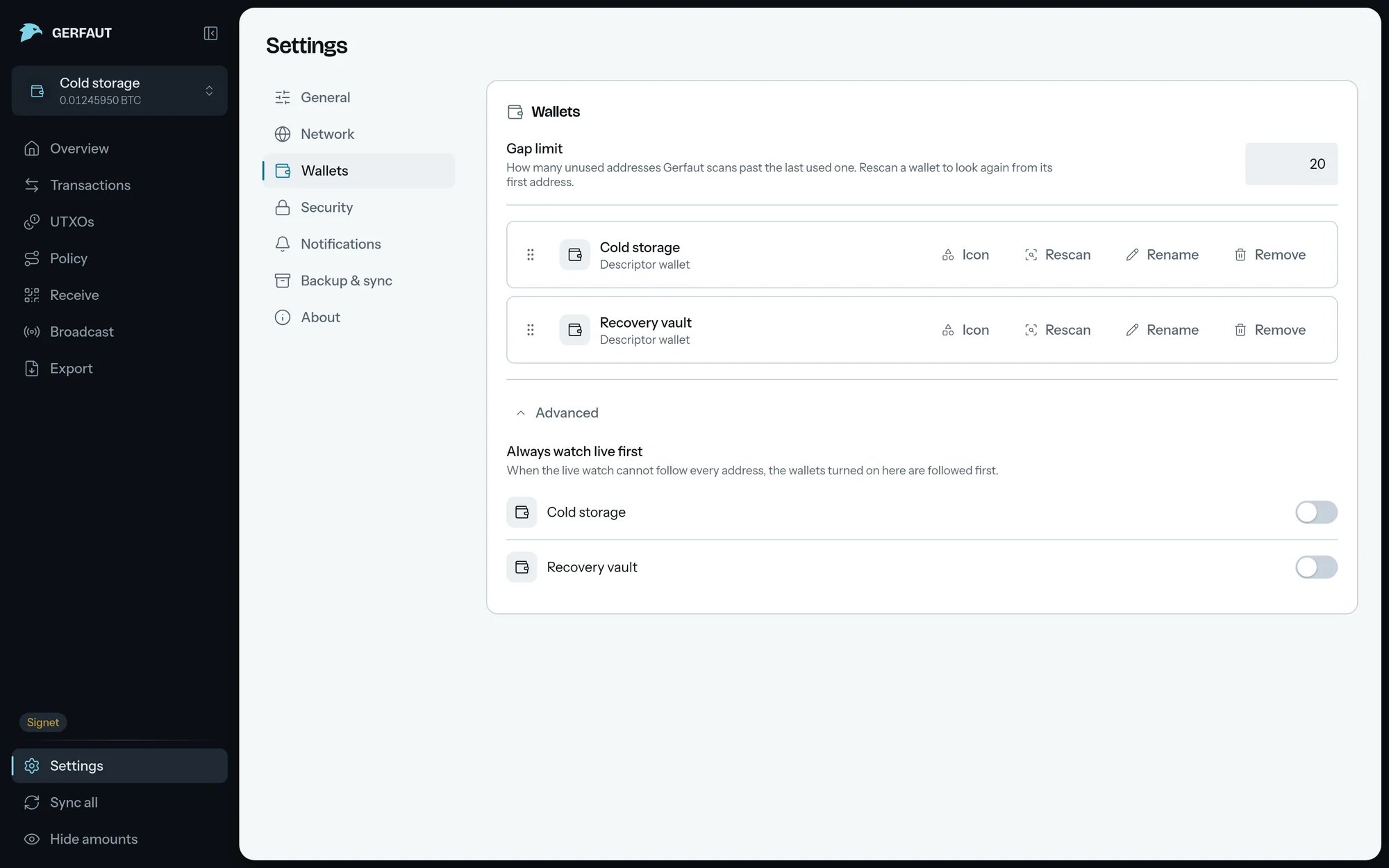The Wallets section of the desktop settings with Advanced unfolded: Always watch live first and a switch for each of the two wallets, both off.