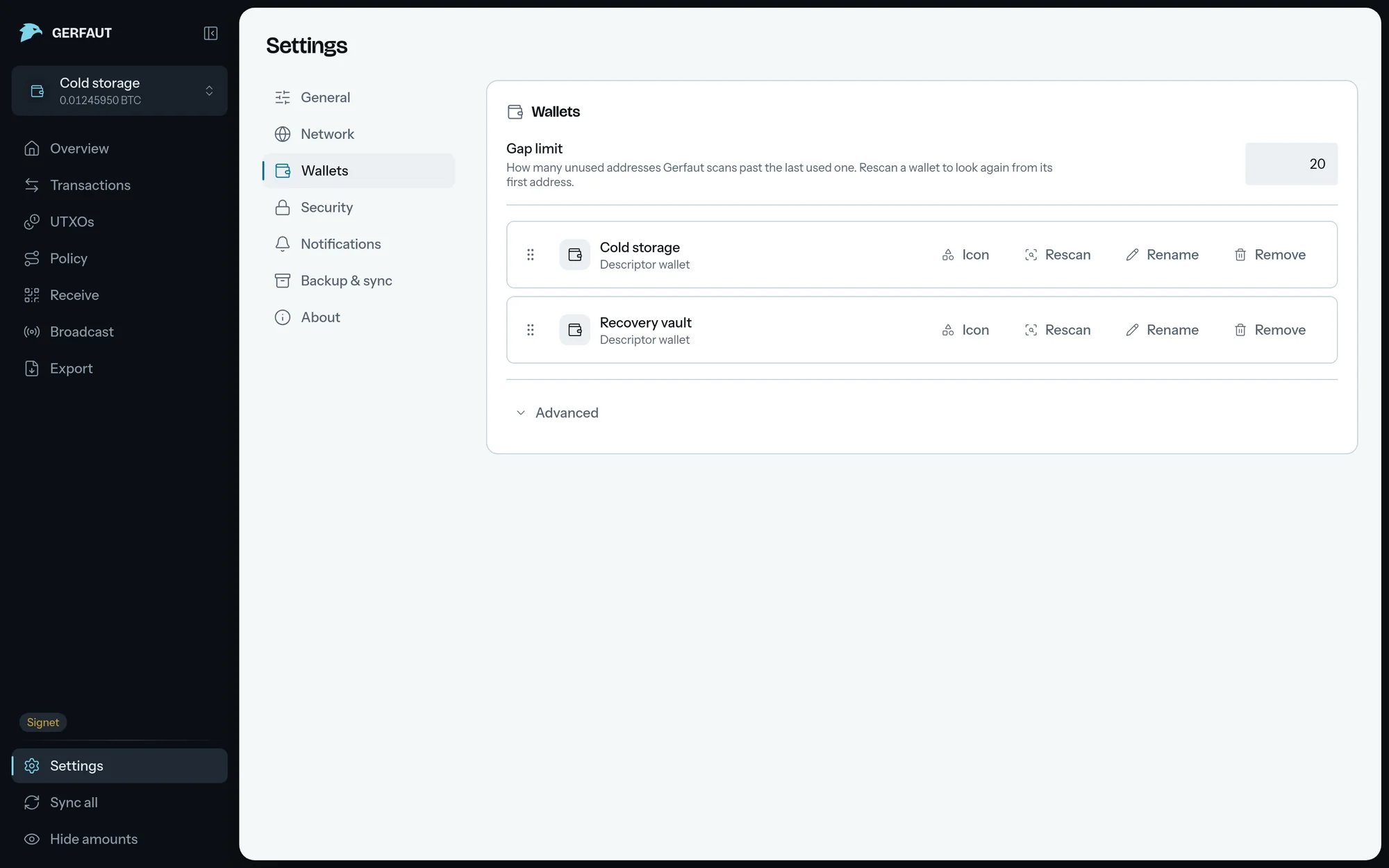 The Wallets section of the desktop settings: the gap limit field and two wallet rows, each with Icon, Rescan, Rename and Remove actions and a drag handle.