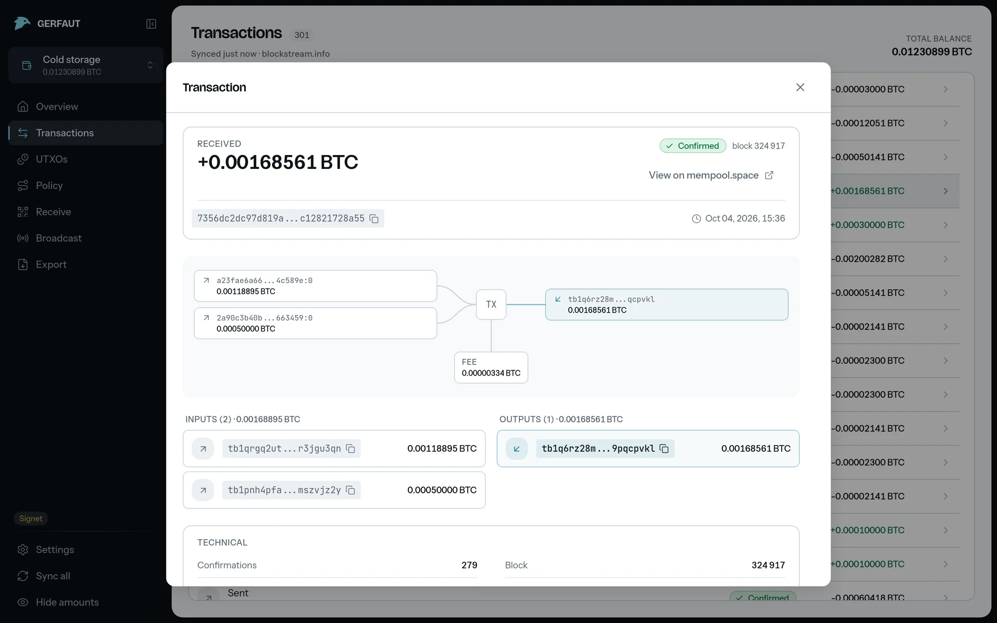 A received transaction opened in a dialog on desktop: the amount, the Confirmed pill with its block, the transaction id, the flow diagram with two inputs, the TX node, one output and the fee, and the top of the Technical table.