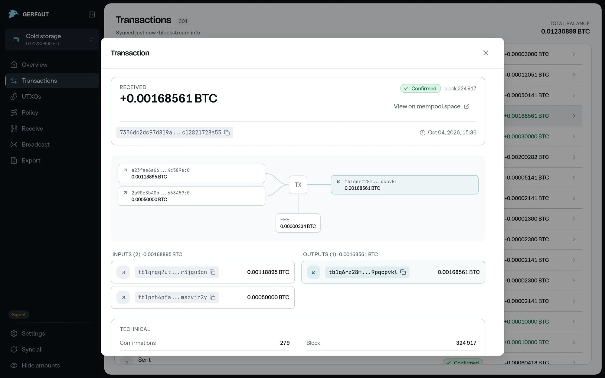 A received transaction opened in a dialog on desktop: the amount, the Confirmed pill with its block, the transaction id, the flow diagram with two inputs, the TX node, one output and the fee, and the top of the Technical table.