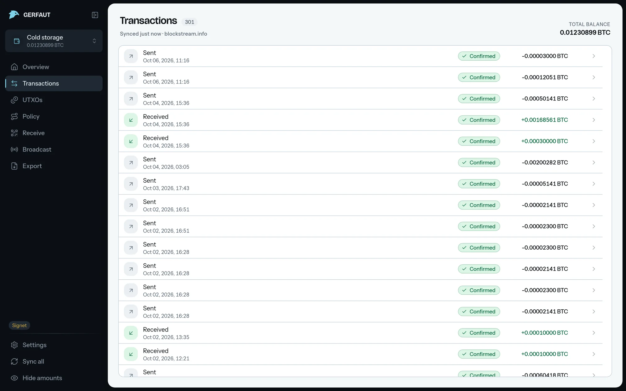 The Transactions page on desktop, counting 301 transactions, each row with a direction, a date, a Confirmed pill and the amount in BTC.