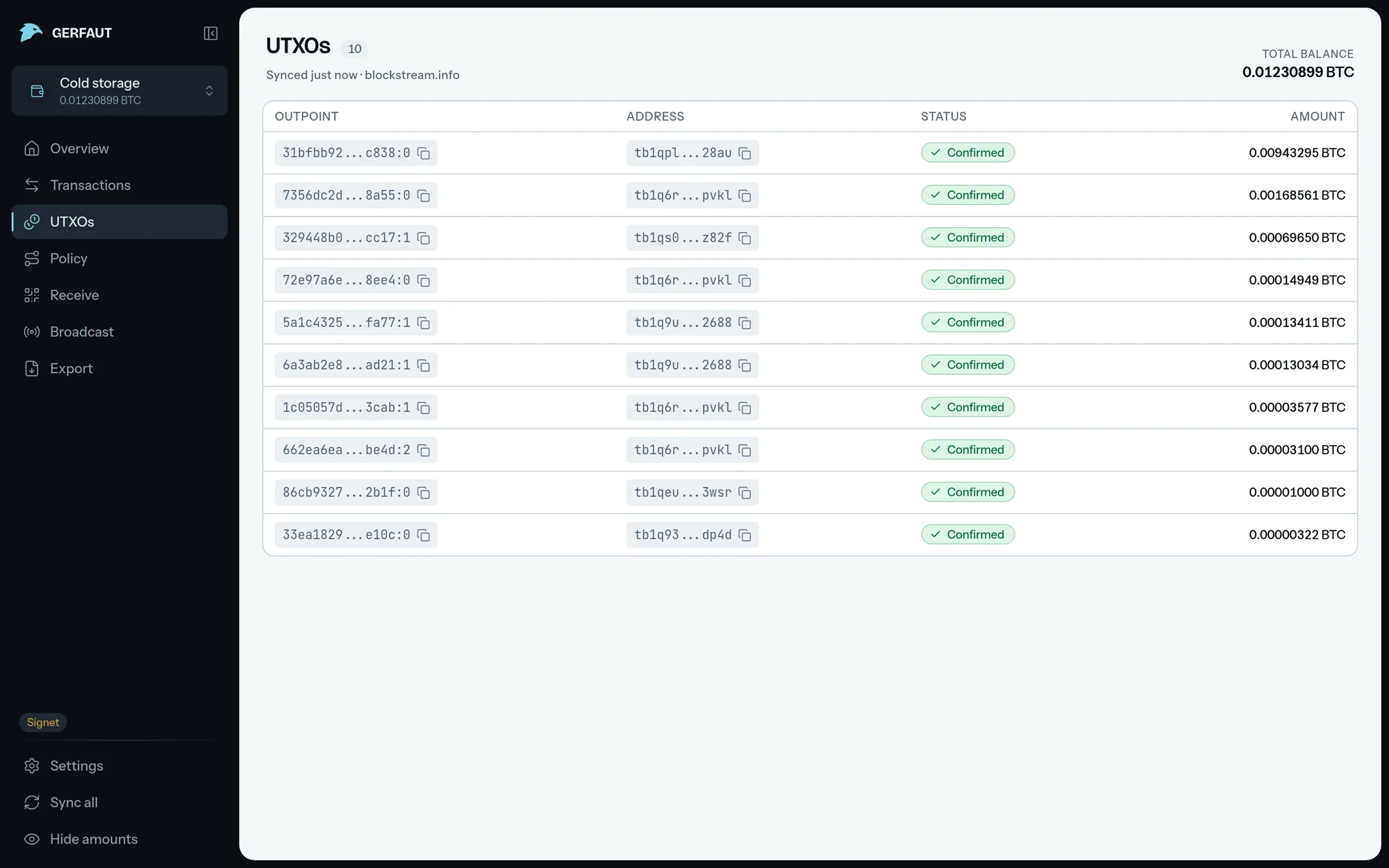 The UTXOs page on desktop: ten rows, each with an outpoint chip, an address chip, a Confirmed pill and the amount in BTC.